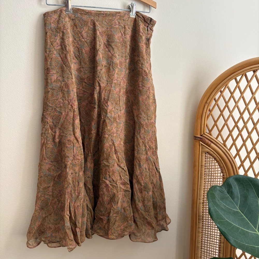 Vintage Y2K Womens Charter Club Petite Paisley Patterned 100% Silk Ruffle Skirt